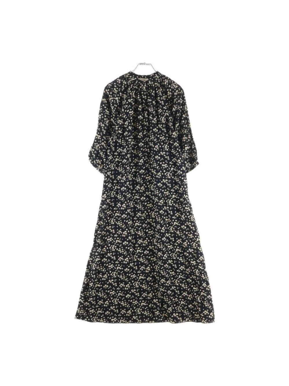 Celine Fork Button Placket Daisy Floral Rayon Long Dress Black